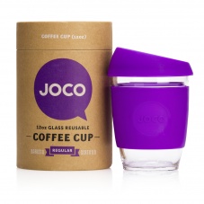 Joco reusable glass coffee cup with purple sleeve